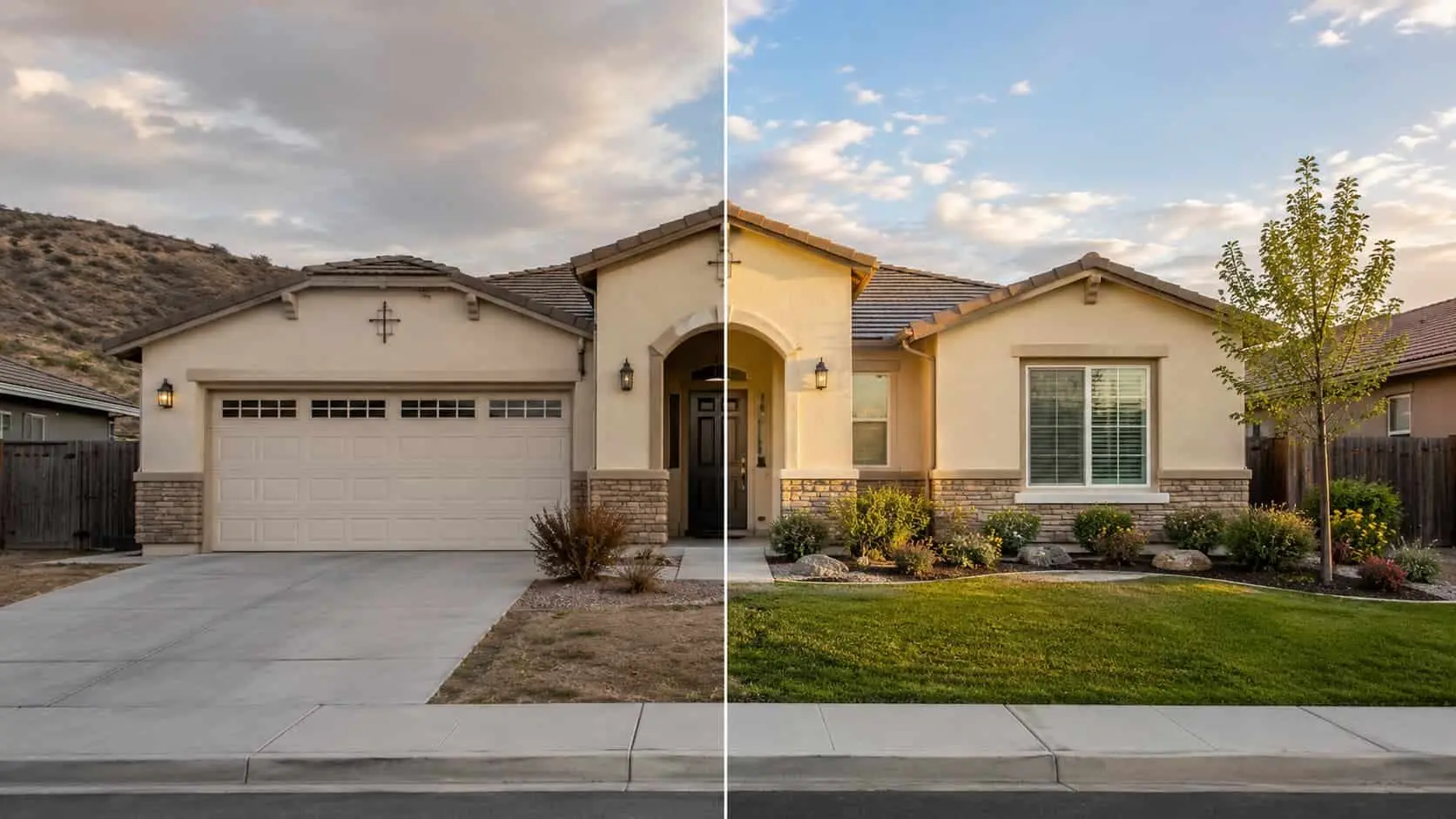 Single-story home shown in two states: unstaged with a cloudy sky on the left, and market-ready with fresh landscaping and warm light on the right.
