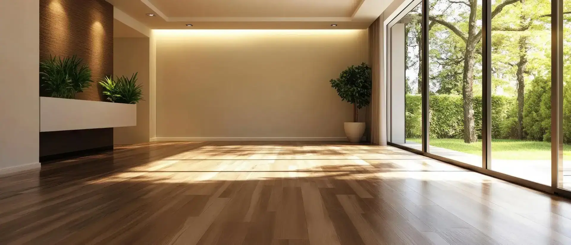 An empty room with wood floors and a wall of windows