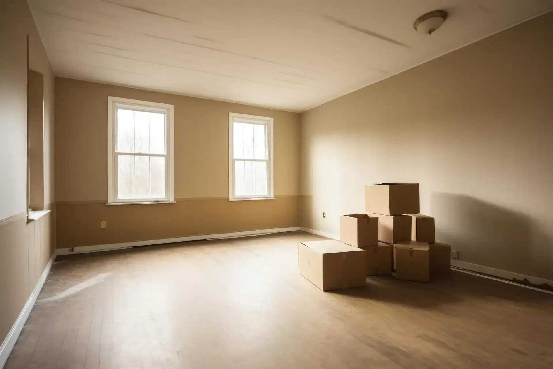 An empty room with a few moving boxes