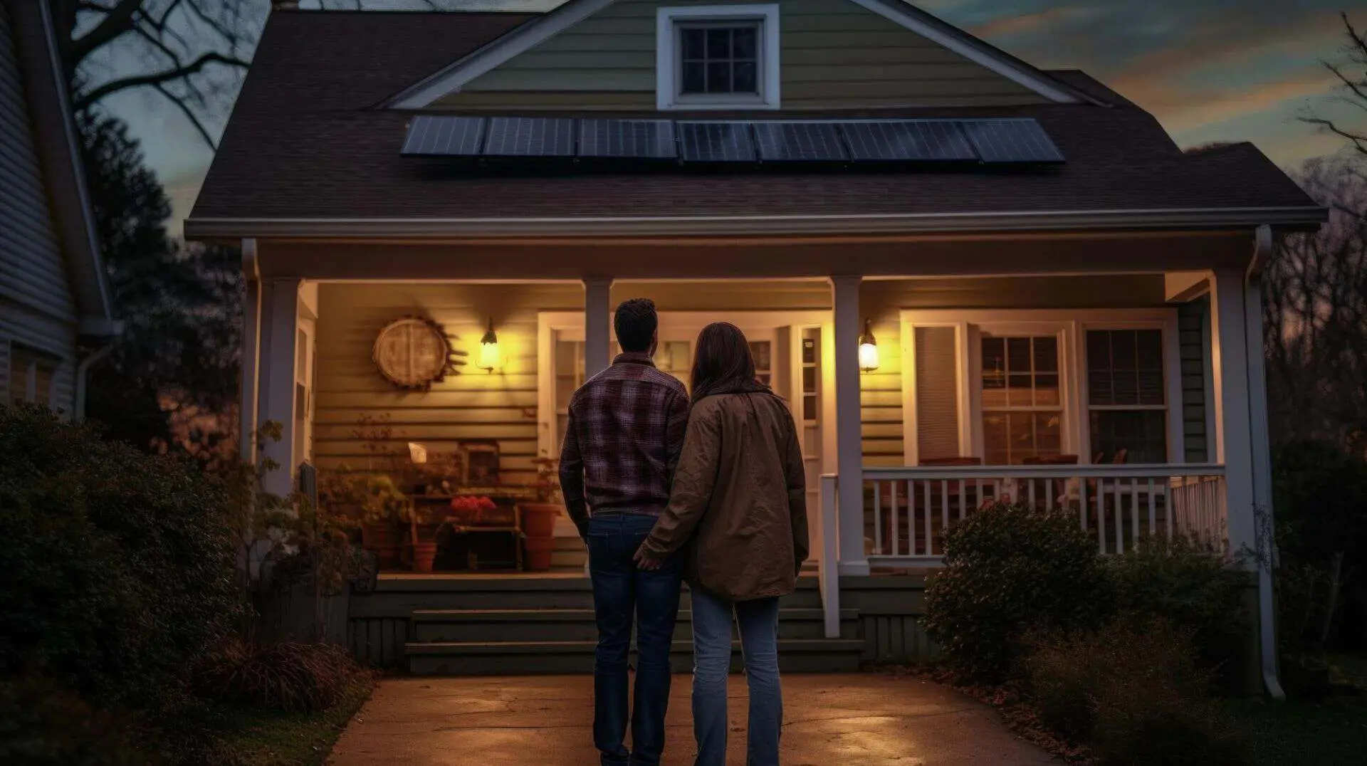 Two people standing in front of a porch-lit house at dusk