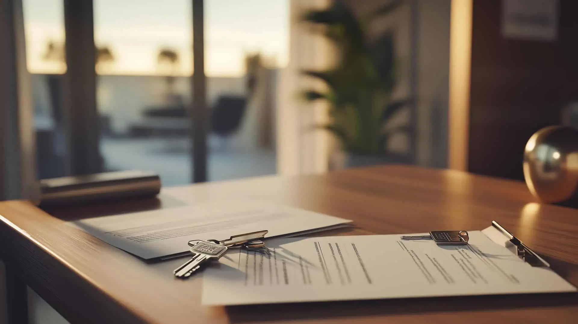 Paperwork and a set of keys on a table by a window at sunset