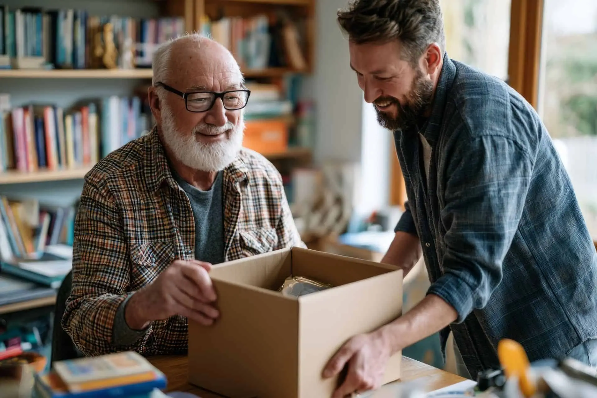 An older and a younger man packing books into a box