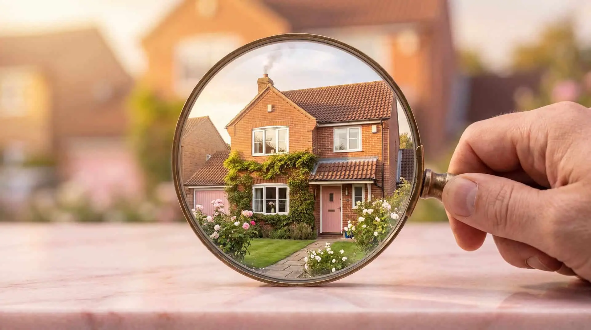 A magnifying glass held up to a brick house